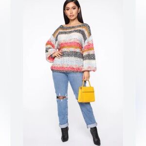 Open Knit Oversized Multicolor Striped Balloon Sleeves Lightweight Large L